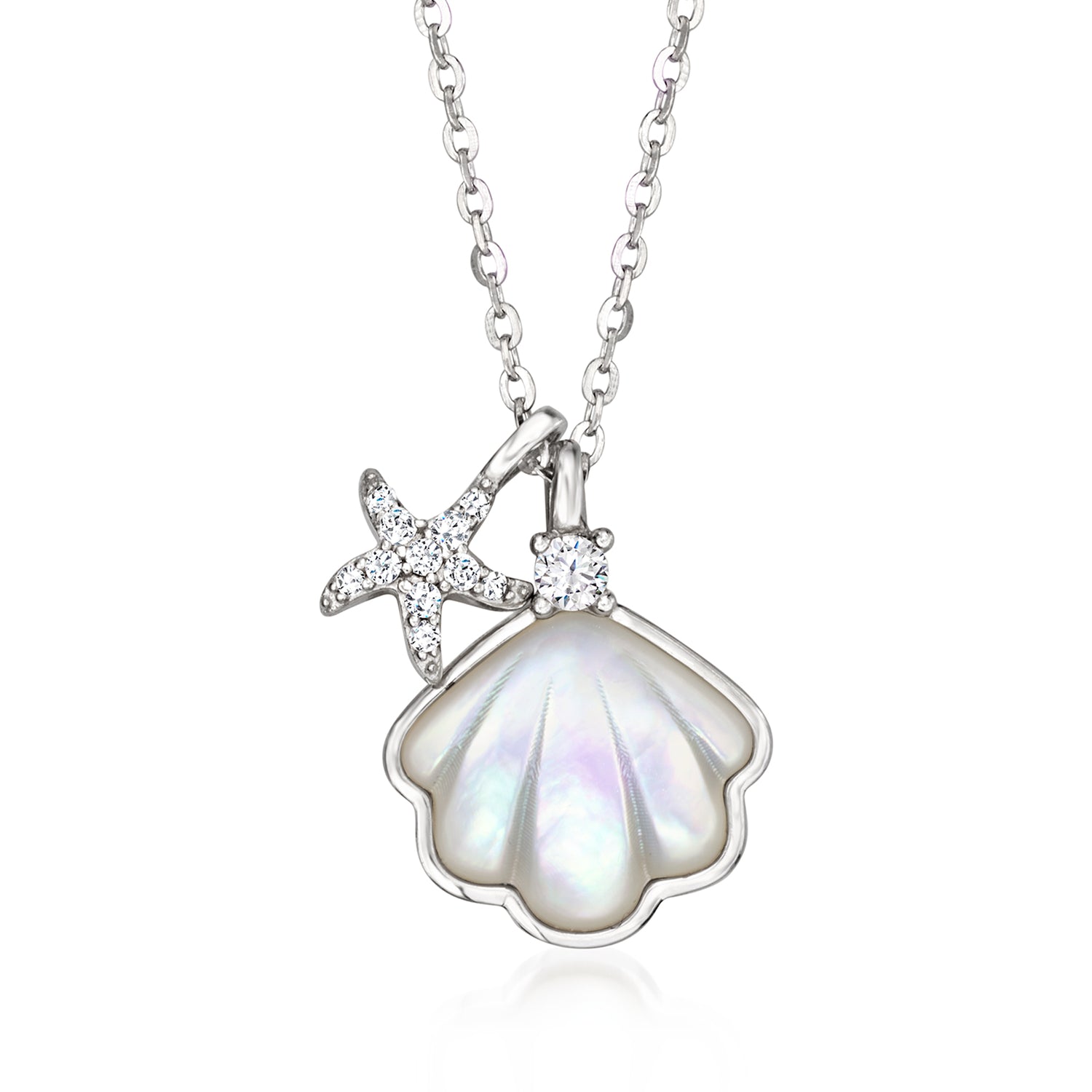 Mother-of-Pearl Seashell Pendant Necklace with .10 ct. t.w. CZ Starfish Charm in Sterling Silver