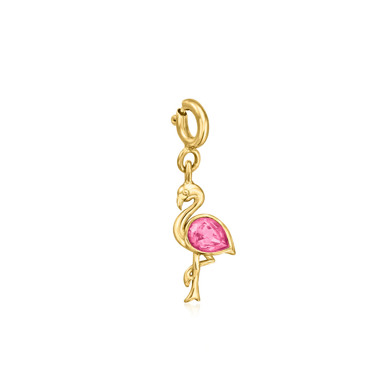 Gold-tone flamingo charm with pink topaz teardrop stone, hanging from a small loop