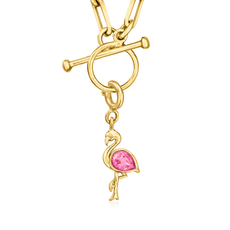 Gold-tone flamingo charm pendant with pink topaz teardrop stone on a link chain