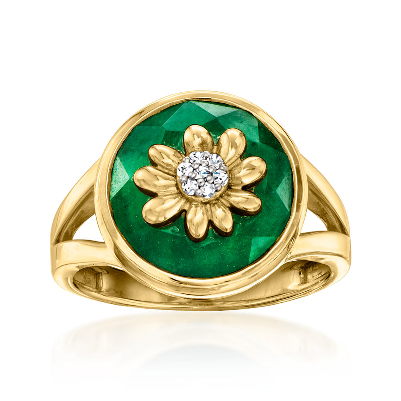 18kt gold over sterling emerald flower ring with round diamond center