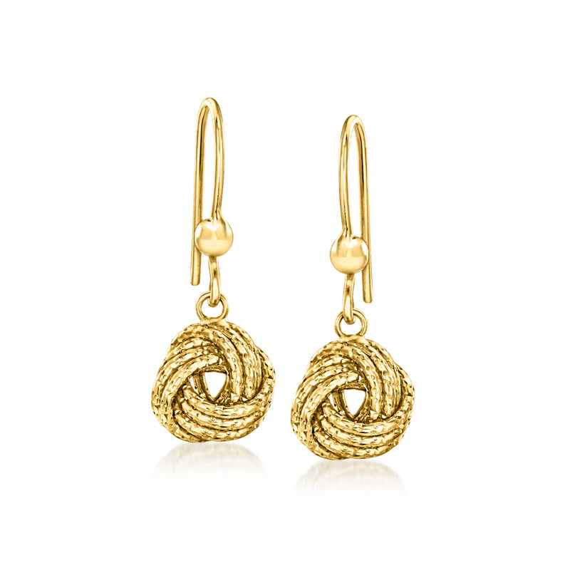 14kt yellow gold love-knot drop earrings, braided circular dangle on hook