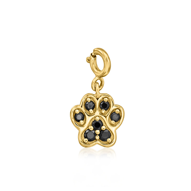 18kt gold over sterling paw print charm with black stones, small loop bail