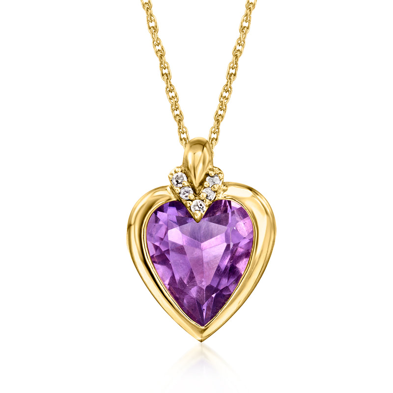 Vintage amethyst heart pendant necklace, 14kt yellow gold with diamond accents