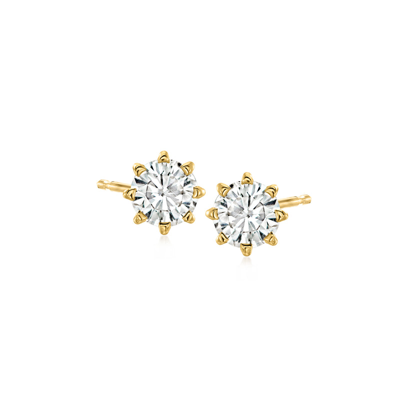 14k yellow gold diamond stud earrings, round center stones with four-prong settings