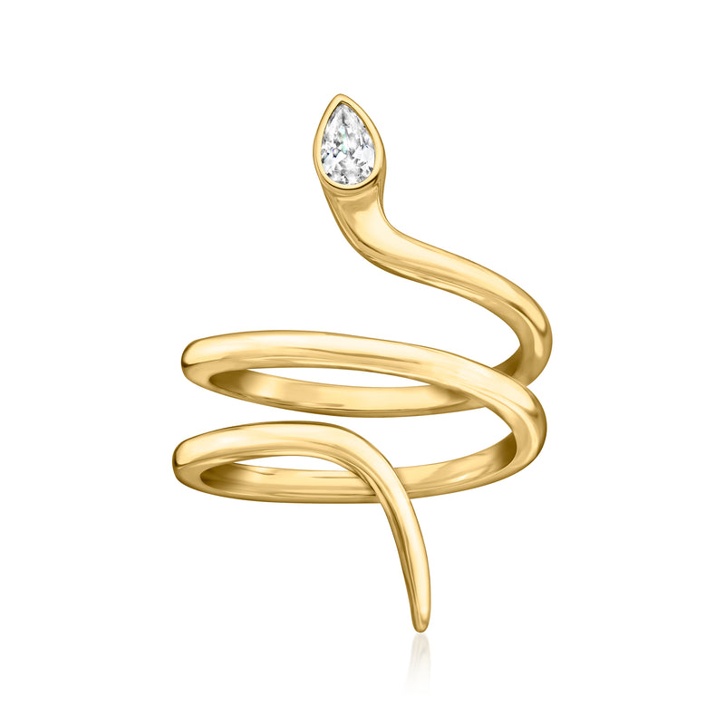Gold-tone snake ring with raised teardrop clear CZ stone
