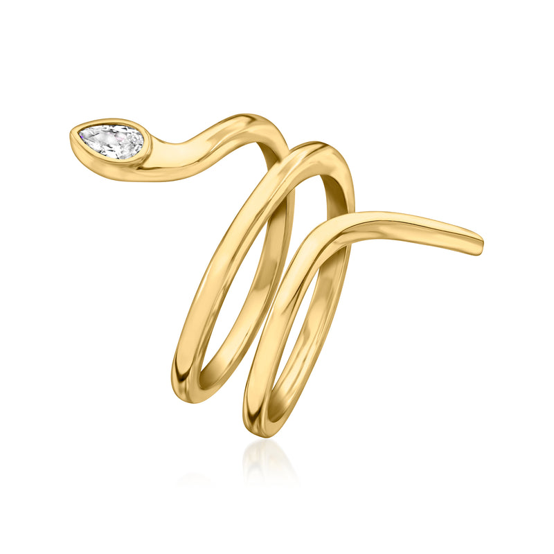 Gold-tone snake ring with clear round CZ eye, angled open shank