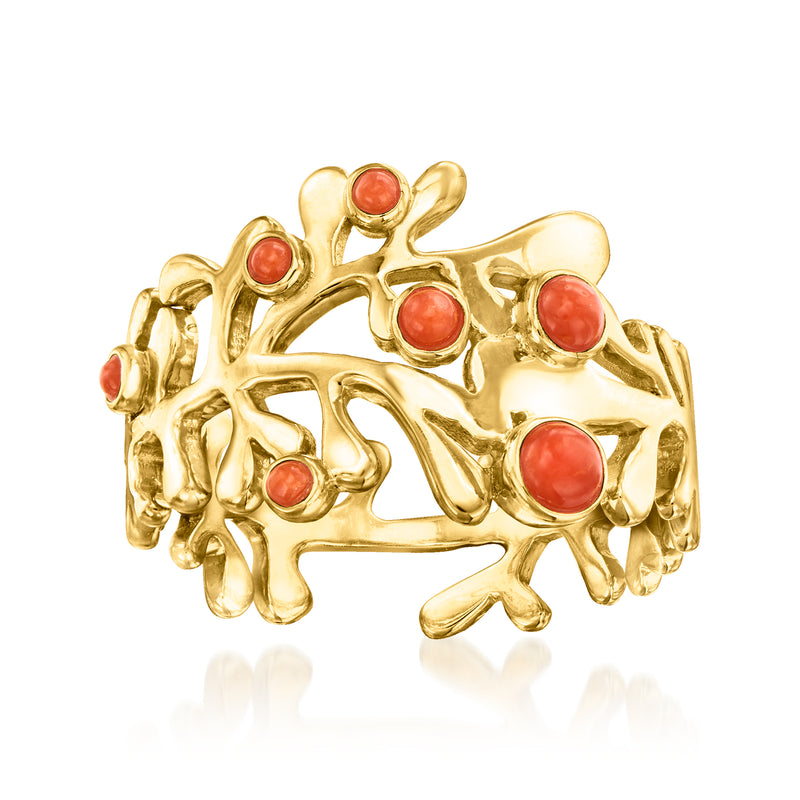 Gold-tone coral ring with red cabochon stones in ornate branch setting