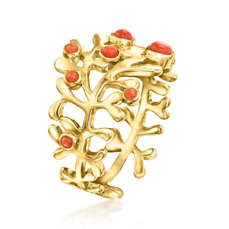 Gold-tone coral ring with multiple red cabochon stones and leafy branch detail