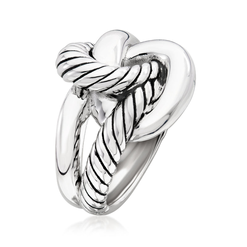 Sterling silver knot ring with roped twist detail and high-shine finish