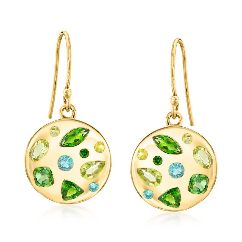 Gold over sterling drop earrings with round bezel set multi-gemstones and earwires