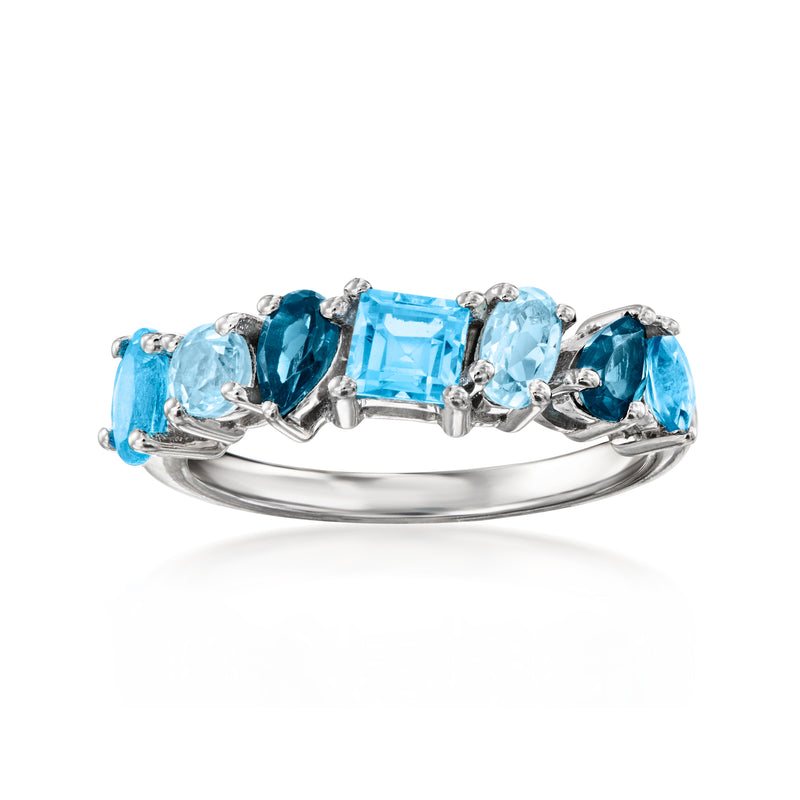 Sterling silver ring with multi-shaped blue topaz gemstones in alternating tones