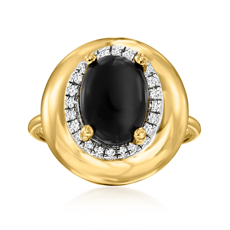 Gold over sterling ring with oval black center stone and white topaz halo