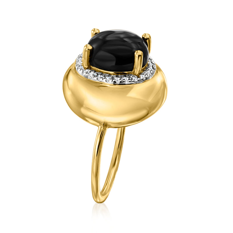 Front view of gold over sterling ring with black oval gemstone and topaz halo