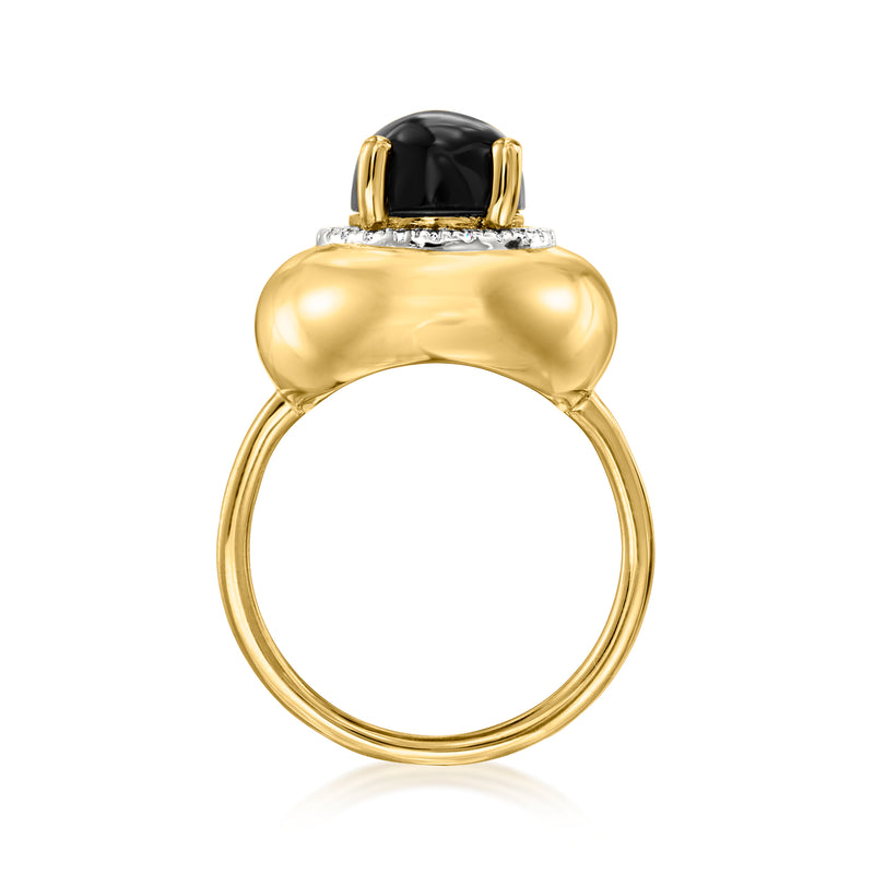 Gold over sterling statement ring with black oval center and prong-set halo