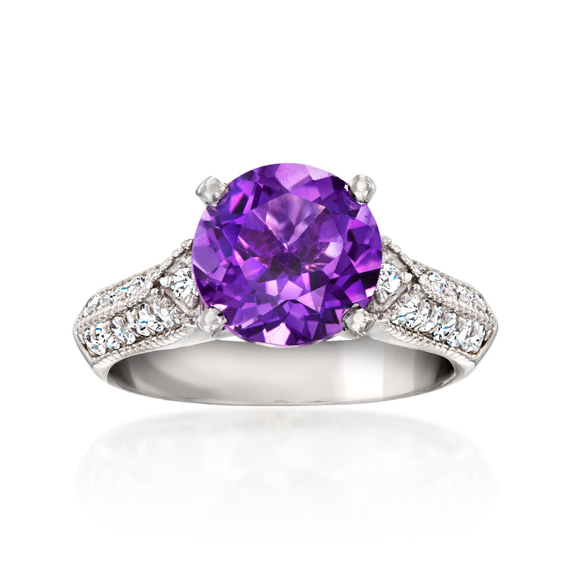 Amethyst and diamond ring in 14k white gold with oval purple gemstone