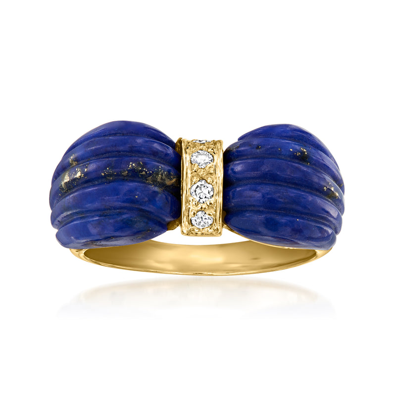 Vintage lapis bow ring in 14kt yellow gold with diamond accents, oval cabochons