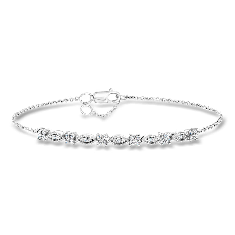 Sterling silver diamond station bracelet with oval and round multi-shape links
