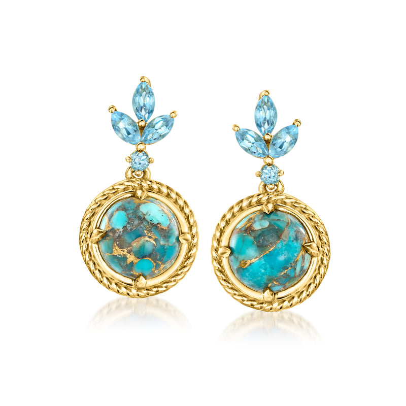 Gold-tone drop earrings with blue topaz-style stones and oval turquoise cabochon dangle