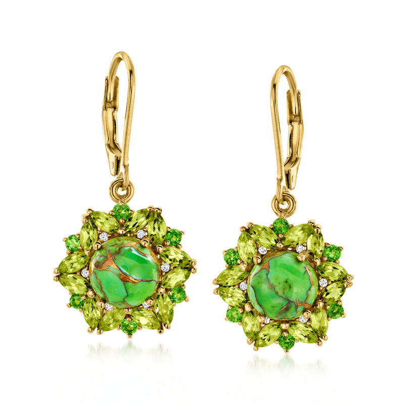 Gold-tone leverback drop earrings with green turquoise and peridot-style stones