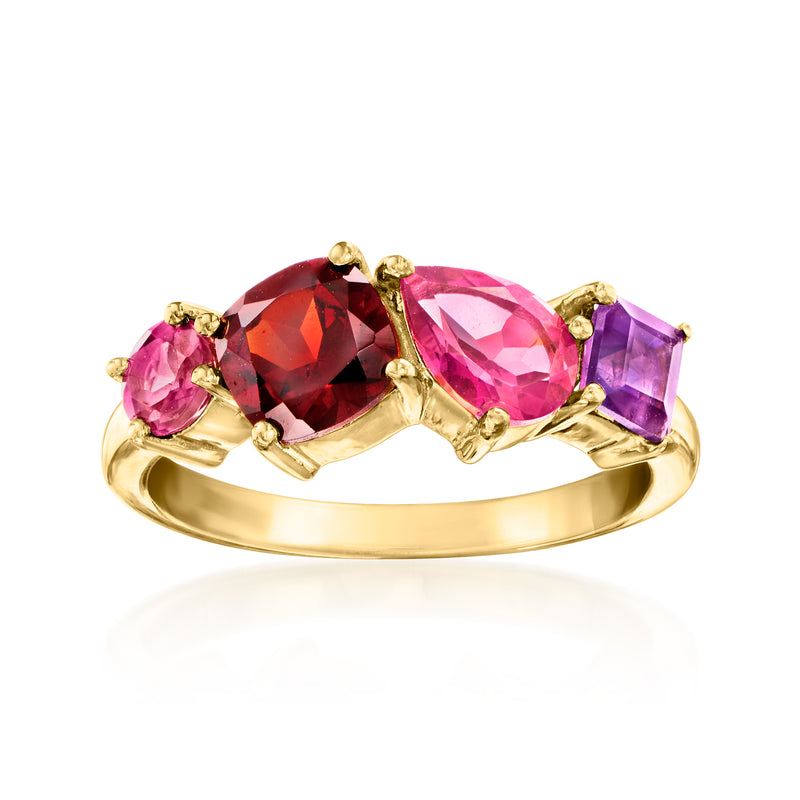 Gold over sterling multi-gemstone ring with red, pink, and purple faceted stones