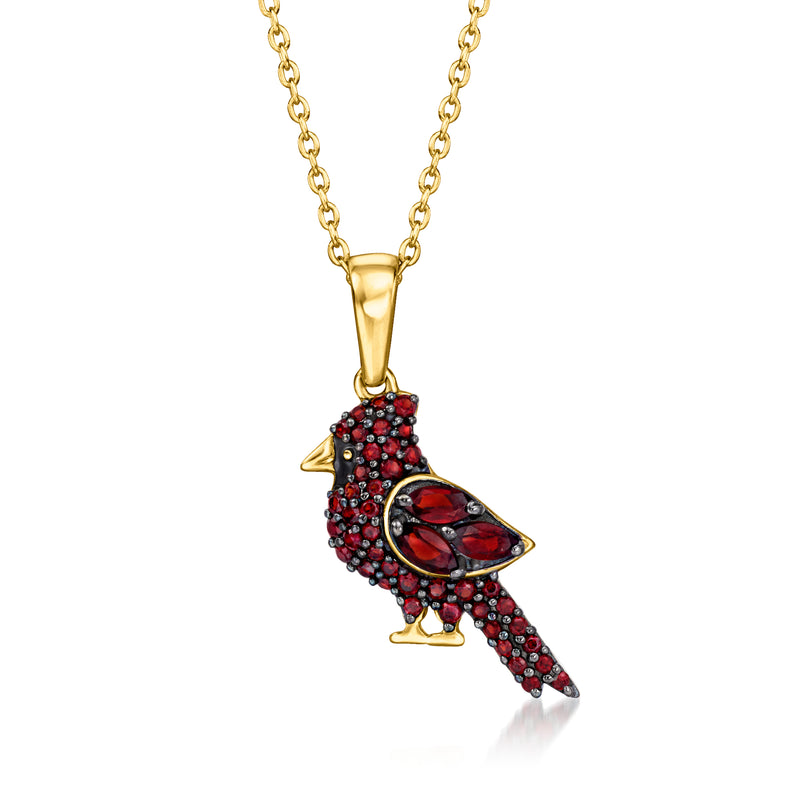 Gold over sterling garnet pendant necklace with bird-shaped red stone charm and bail