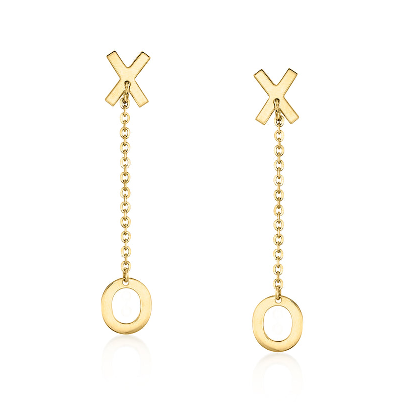 14k yellow gold XO drop earrings with chain and round O charm