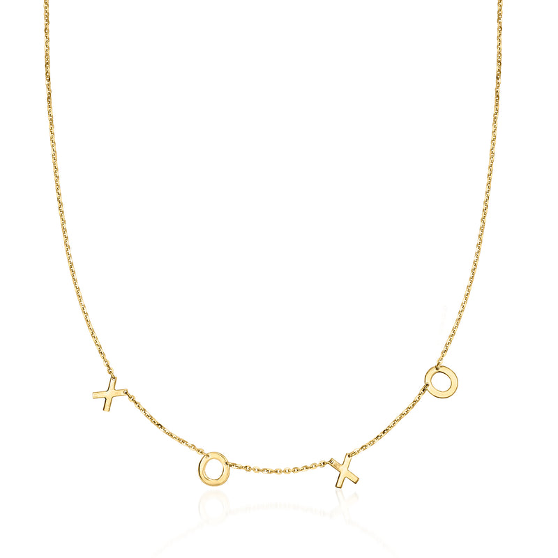14kt yellow gold XO station necklace with linked circles and two small cross charms