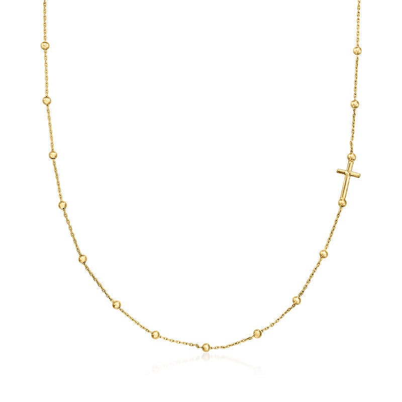 14kt yellow gold bead station chain necklace with small cross pendant