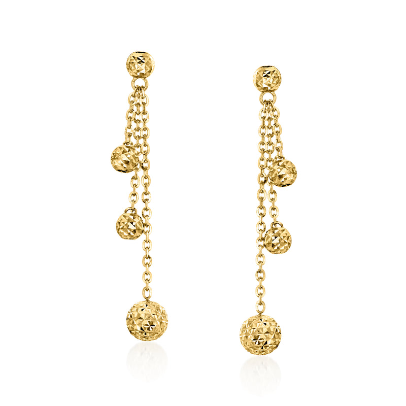 Yellow gold bead drop earrings with textured round bead clusters and chain drops