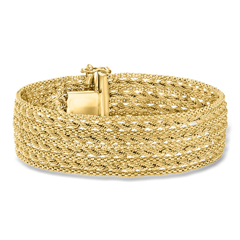 Gold multi-row rope and popcorn-chain bracelet with box clasp