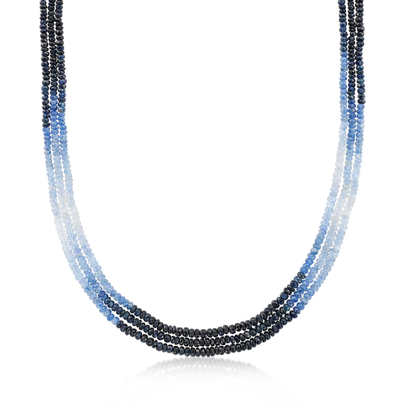 Three-strand sapphire bead necklace, dark and light blue bead rows