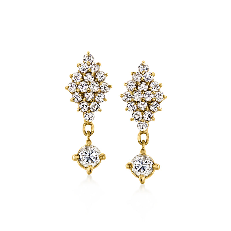 Yellow gold diamond cluster drop earrings with post backs and dangling round diamonds