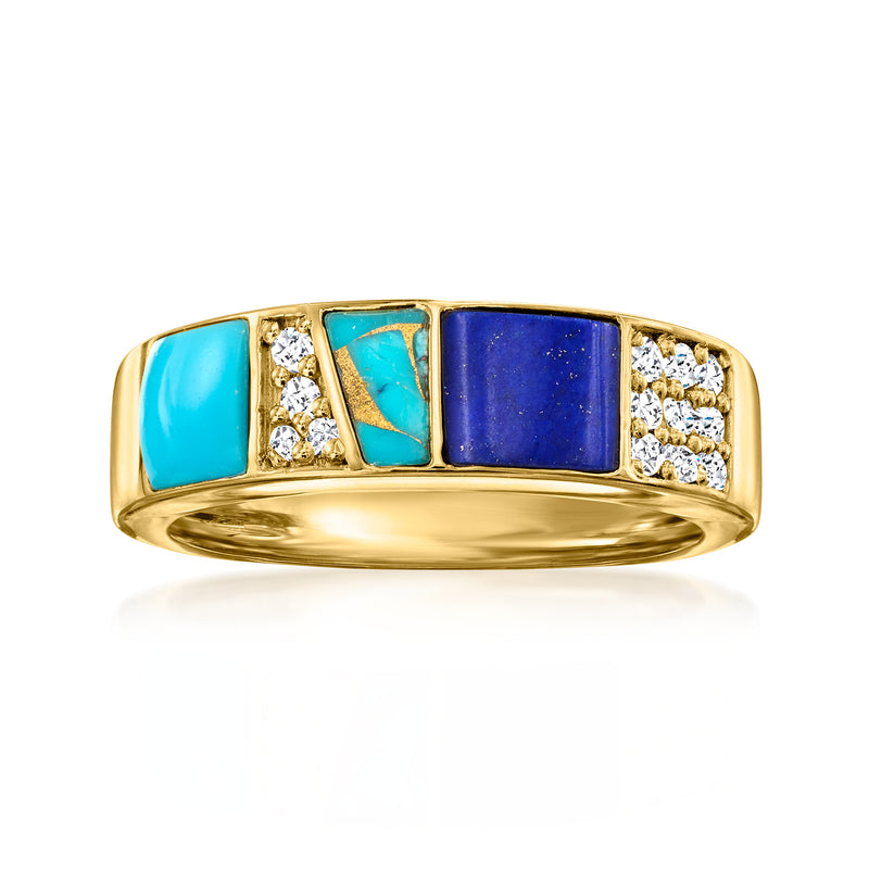 18kt gold over sterling ring with turquoise, lapis insets and white topaz accents