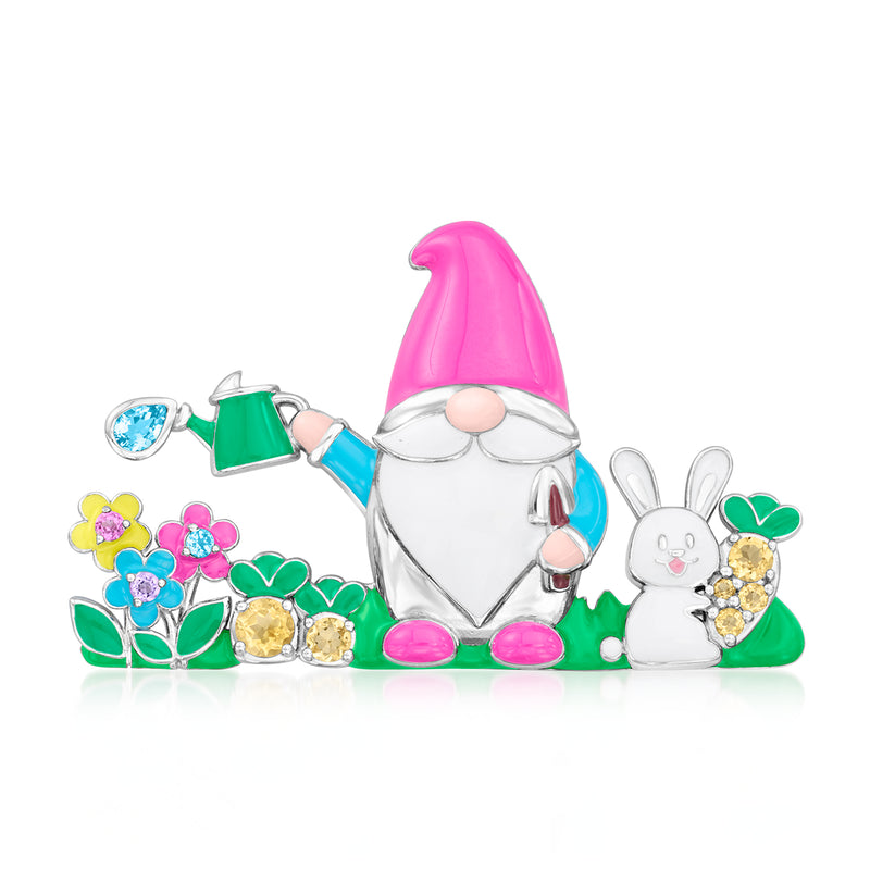 Sterling silver garden gnome pin with pink hat and multicolored enamel stones