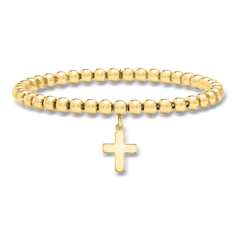 Gold bead stretch bracelet with small cross charm