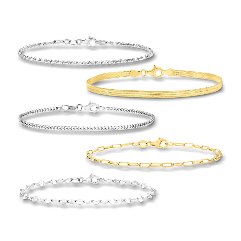 Five bracelet set: silver and gold chain bracelets with lobster clasps