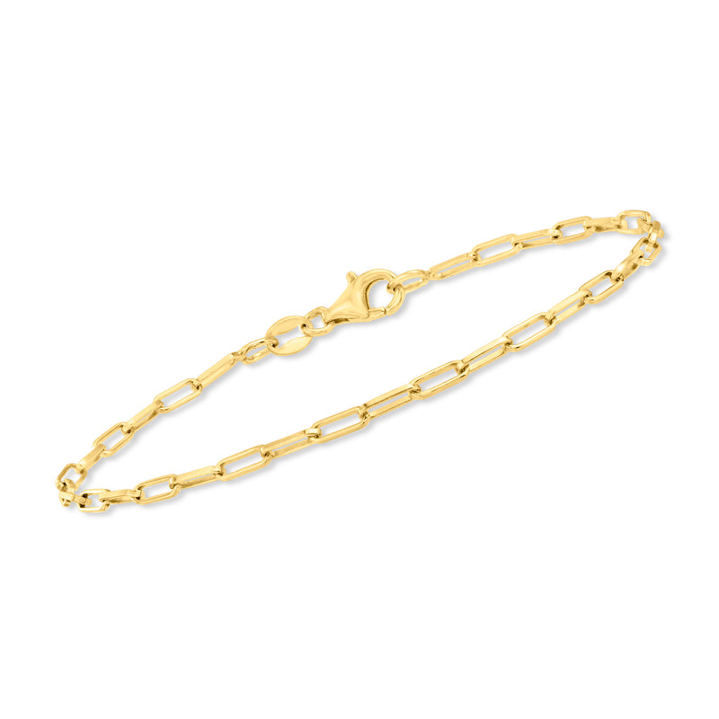 Gold link chain bracelet with oval clasp and rectangular chain segments