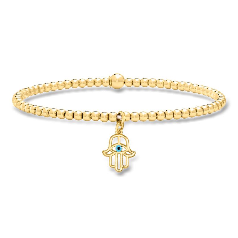Gold bead stretch bracelet with dangling hamsa charm, linked bead texture