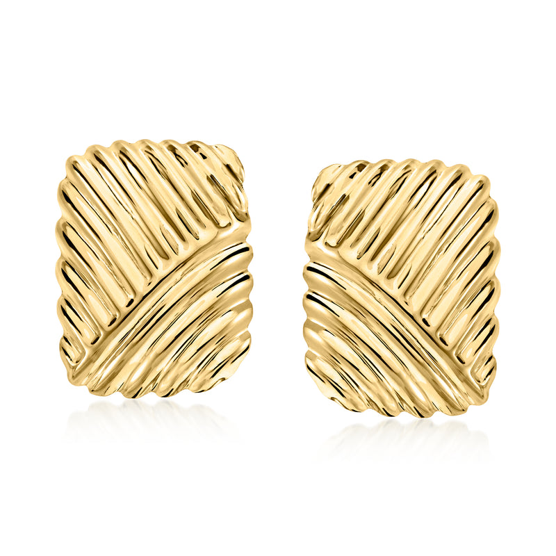 Gold over sterling ribbed square stud earrings, shiny geometric swirl texture