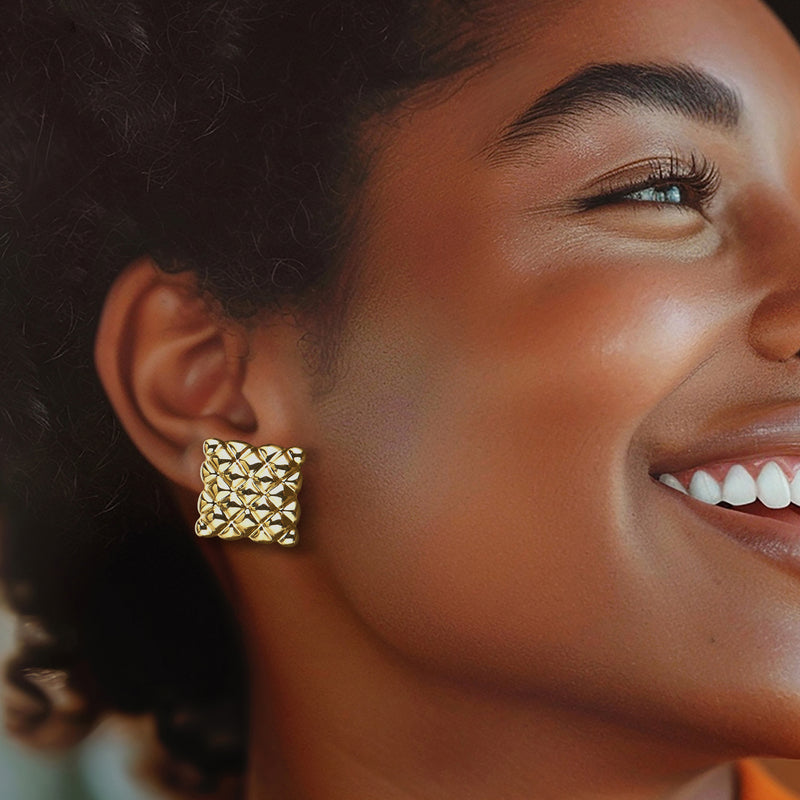 Quilted square gold stud earrings, textured lattice finish