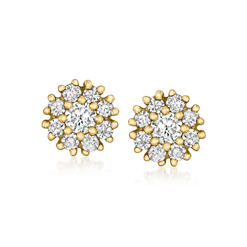 14kt yellow gold diamond cluster stud earrings, round cluster with post backs