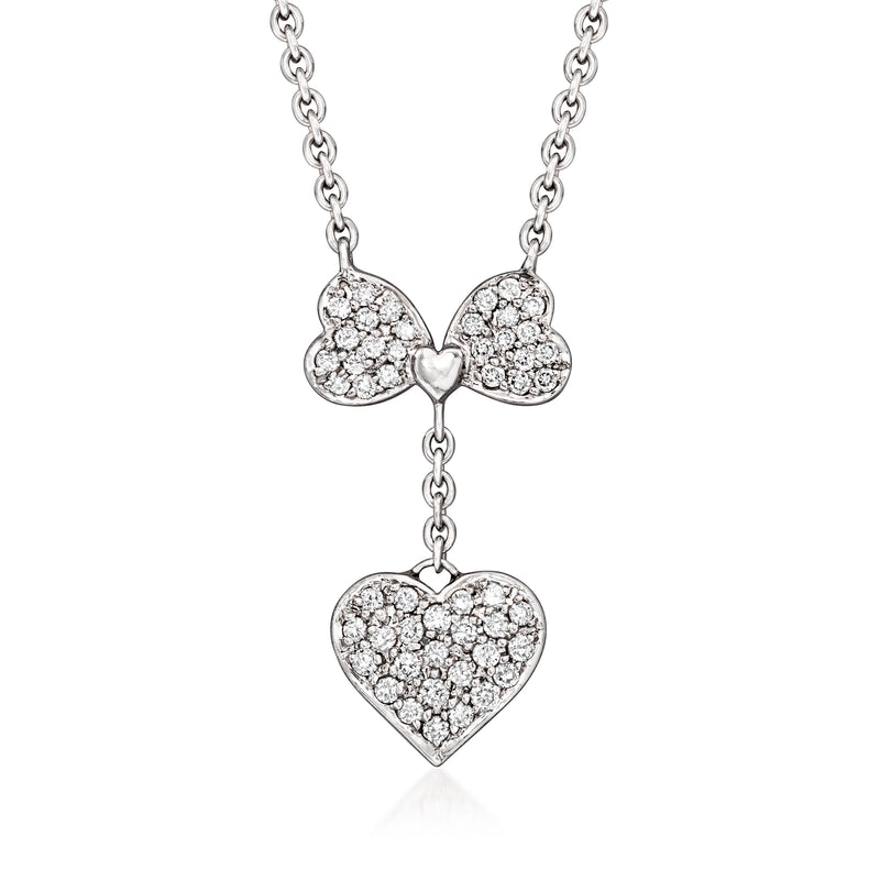 Vintage diamond heart drop necklace in 18kt white gold with linked chain and heart charms
