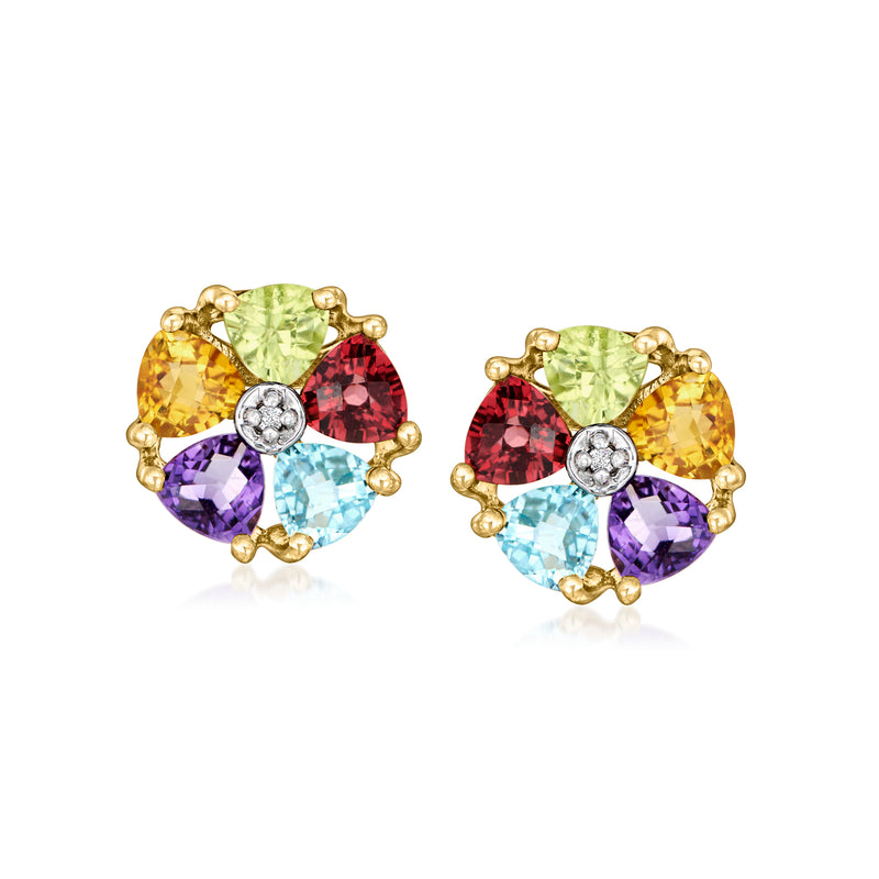 Vintage multi-gemstone stud earrings in 14kt yellow gold with diamond accents