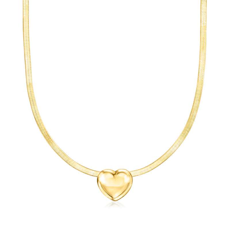 Gold herringbone necklace with small heart pendant, 18kt gold over sterling