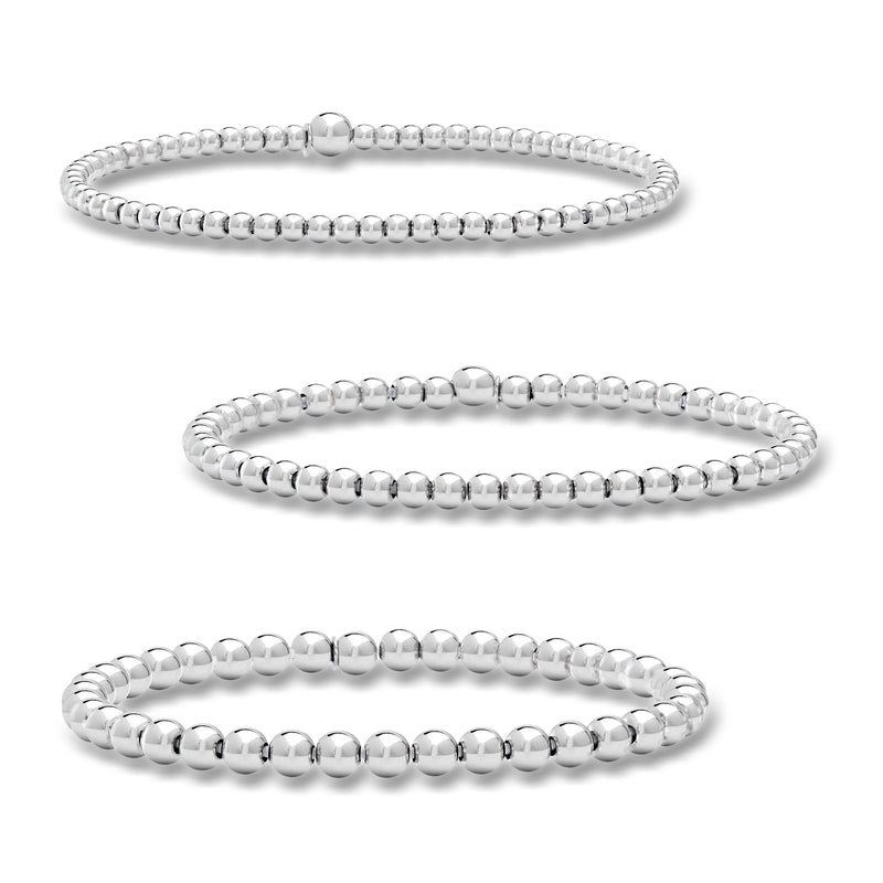 Sterling silver bead stretch bracelet with round ball beads, single row.