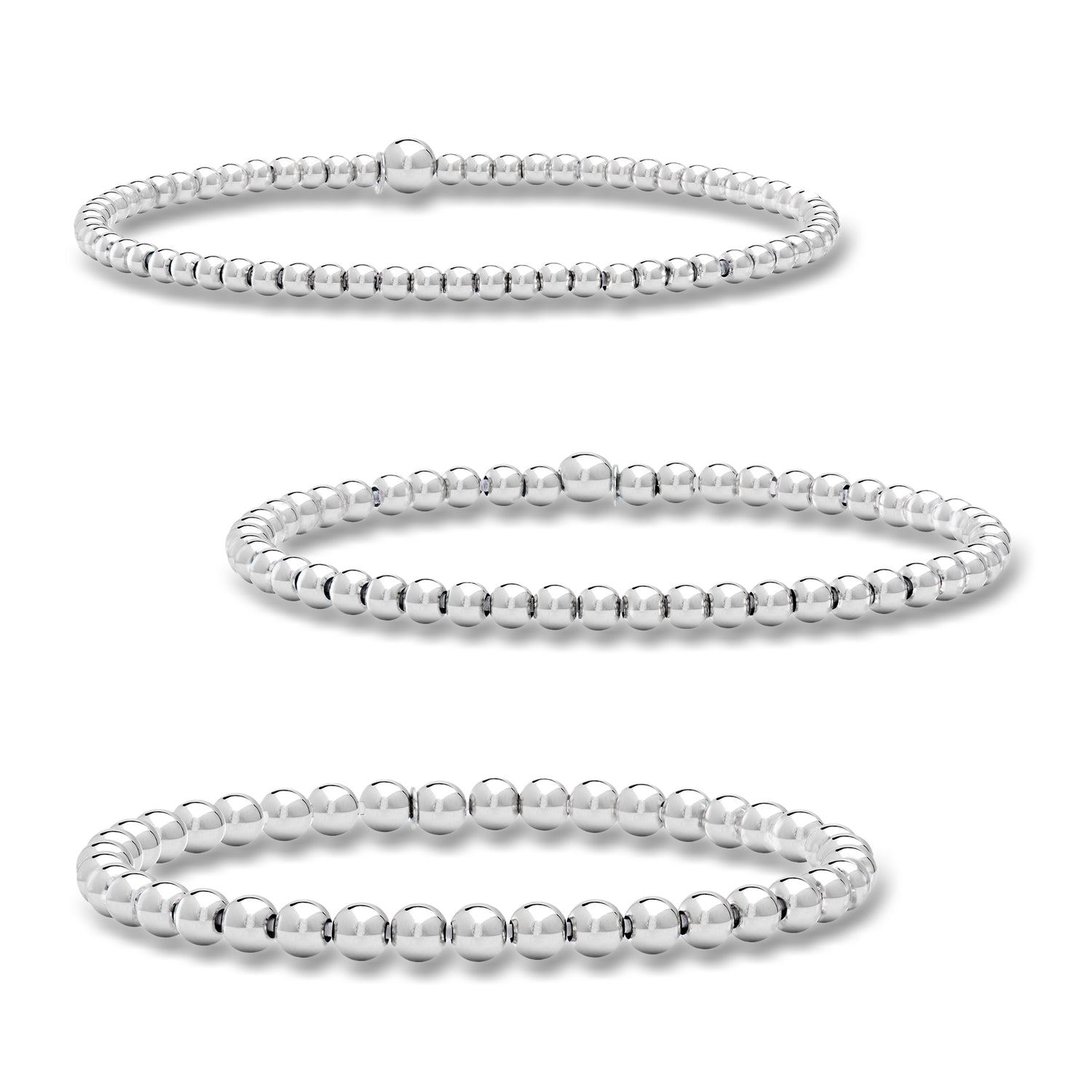 Italian Sterling Silver Jewelry Set: Three 3-5mm Bead Stretch Bracelets