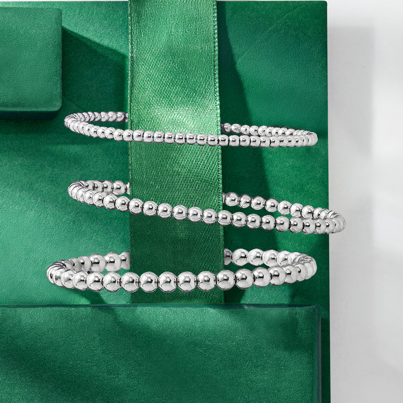 Set of three sterling silver bead stretch bracelets, round ball beads.