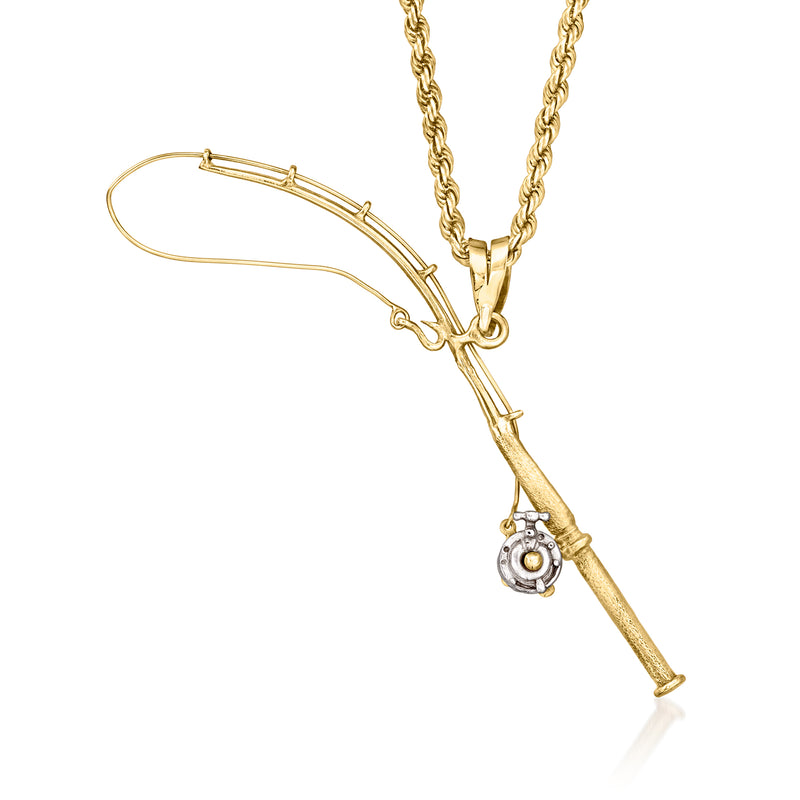 Two-tone 14kt gold fishing rod pendant necklace with charm on link chain