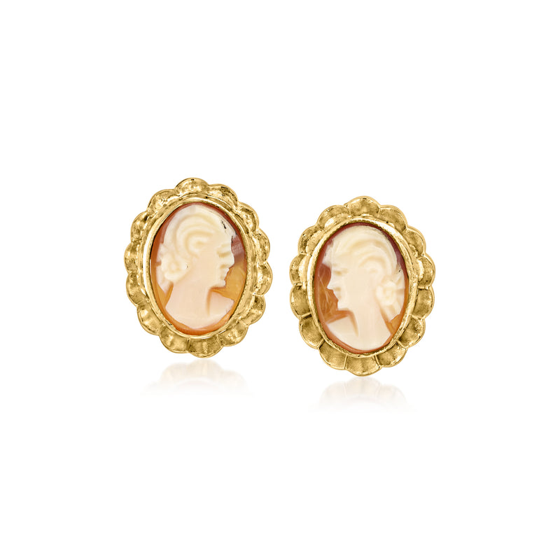 Vintage cameo shell post earrings, brown profile oval in 10kt yellow gold scalloped frames