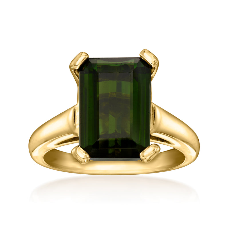 14kt yellow gold ring with large rectangular green tourmaline gemstone, prong-set